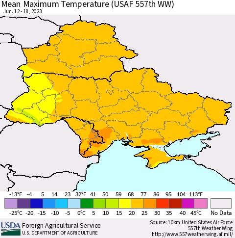 Ukraine, Moldova and Belarus Mean Maximum Temperature (USAF 557th WW) Thematic Map For 6/12/2023 - 6/18/2023