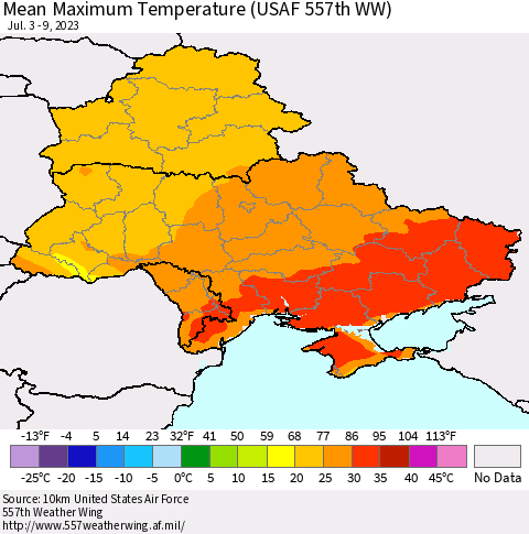 Ukraine, Moldova and Belarus Mean Maximum Temperature (USAF 557th WW) Thematic Map For 7/3/2023 - 7/9/2023