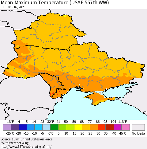 Ukraine, Moldova and Belarus Mean Maximum Temperature (USAF 557th WW) Thematic Map For 7/10/2023 - 7/16/2023