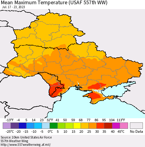 Ukraine, Moldova and Belarus Mean Maximum Temperature (USAF 557th WW) Thematic Map For 7/17/2023 - 7/23/2023