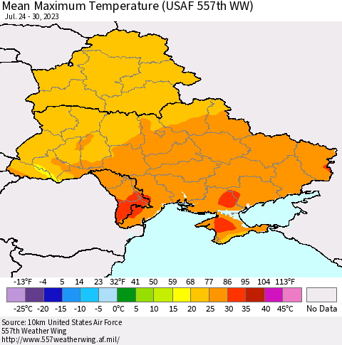 Ukraine, Moldova and Belarus Mean Maximum Temperature (USAF 557th WW) Thematic Map For 7/24/2023 - 7/30/2023