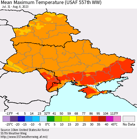Ukraine, Moldova and Belarus Mean Maximum Temperature (USAF 557th WW) Thematic Map For 7/31/2023 - 8/6/2023