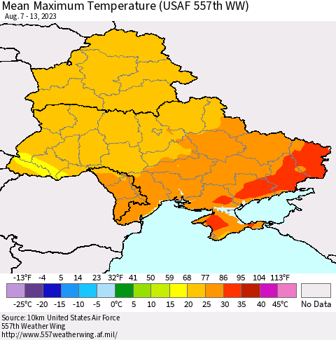 Ukraine, Moldova and Belarus Mean Maximum Temperature (USAF 557th WW) Thematic Map For 8/7/2023 - 8/13/2023