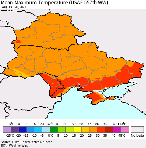 Ukraine, Moldova and Belarus Mean Maximum Temperature (USAF 557th WW) Thematic Map For 8/14/2023 - 8/20/2023