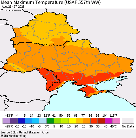 Ukraine, Moldova and Belarus Mean Maximum Temperature (USAF 557th WW) Thematic Map For 8/21/2023 - 8/27/2023