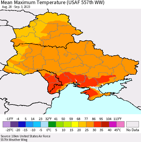 Ukraine, Moldova and Belarus Mean Maximum Temperature (USAF 557th WW) Thematic Map For 8/28/2023 - 9/3/2023