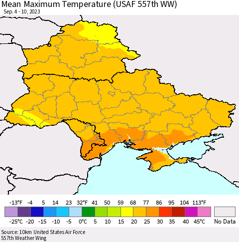 Ukraine, Moldova and Belarus Mean Maximum Temperature (USAF 557th WW) Thematic Map For 9/4/2023 - 9/10/2023