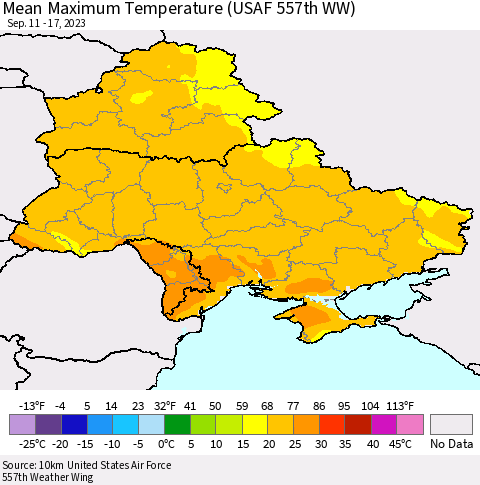 Ukraine, Moldova and Belarus Mean Maximum Temperature (USAF 557th WW) Thematic Map For 9/11/2023 - 9/17/2023