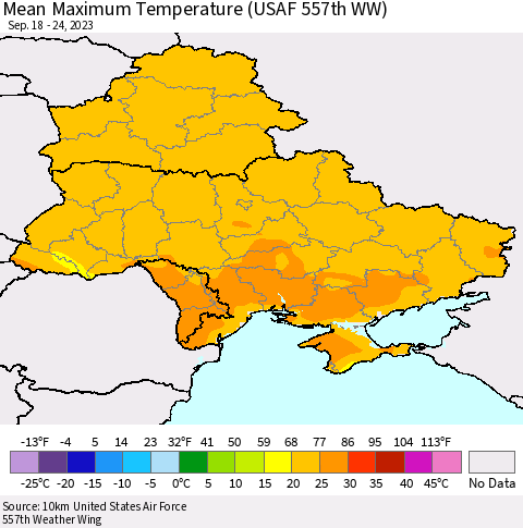 Ukraine, Moldova and Belarus Mean Maximum Temperature (USAF 557th WW) Thematic Map For 9/18/2023 - 9/24/2023