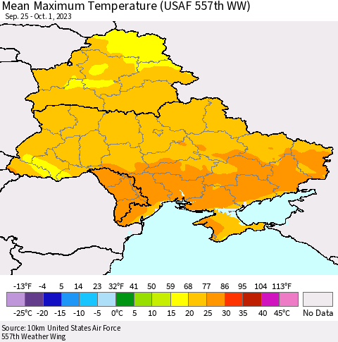 Ukraine, Moldova and Belarus Mean Maximum Temperature (USAF 557th WW) Thematic Map For 9/25/2023 - 10/1/2023