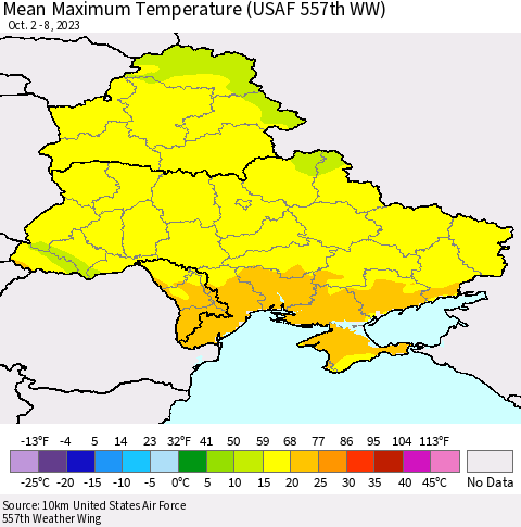 Ukraine, Moldova and Belarus Mean Maximum Temperature (USAF 557th WW) Thematic Map For 10/2/2023 - 10/8/2023