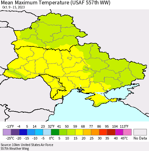 Ukraine, Moldova and Belarus Mean Maximum Temperature (USAF 557th WW) Thematic Map For 10/9/2023 - 10/15/2023