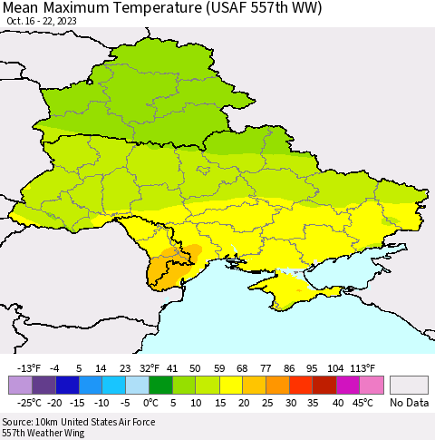 Ukraine, Moldova and Belarus Mean Maximum Temperature (USAF 557th WW) Thematic Map For 10/16/2023 - 10/22/2023