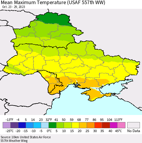 Ukraine, Moldova and Belarus Mean Maximum Temperature (USAF 557th WW) Thematic Map For 10/23/2023 - 10/29/2023