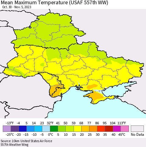Ukraine, Moldova and Belarus Mean Maximum Temperature (USAF 557th WW) Thematic Map For 10/30/2023 - 11/5/2023