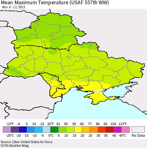 Ukraine, Moldova and Belarus Mean Maximum Temperature (USAF 557th WW) Thematic Map For 11/6/2023 - 11/12/2023