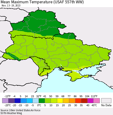 Ukraine, Moldova and Belarus Mean Maximum Temperature (USAF 557th WW) Thematic Map For 11/13/2023 - 11/19/2023
