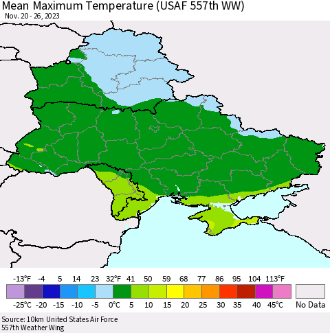 Ukraine, Moldova and Belarus Mean Maximum Temperature (USAF 557th WW) Thematic Map For 11/20/2023 - 11/26/2023