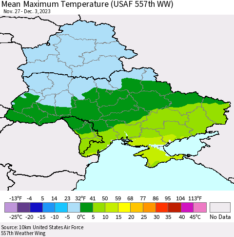 Ukraine, Moldova and Belarus Mean Maximum Temperature (USAF 557th WW) Thematic Map For 11/27/2023 - 12/3/2023