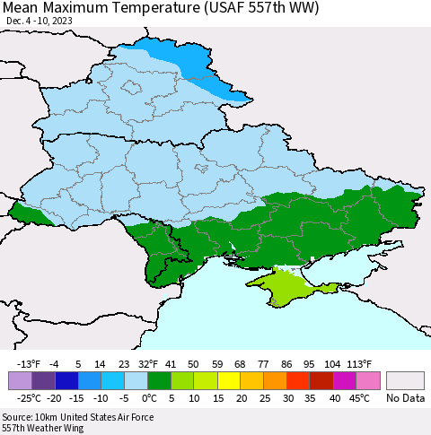 Ukraine, Moldova and Belarus Mean Maximum Temperature (USAF 557th WW) Thematic Map For 12/4/2023 - 12/10/2023