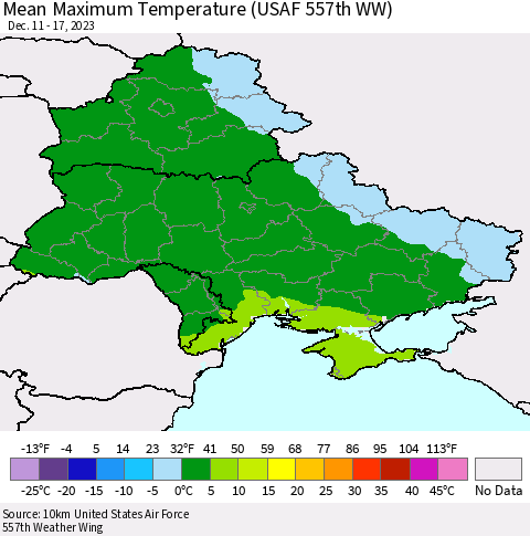 Ukraine, Moldova and Belarus Mean Maximum Temperature (USAF 557th WW) Thematic Map For 12/11/2023 - 12/17/2023
