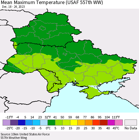 Ukraine, Moldova and Belarus Mean Maximum Temperature (USAF 557th WW) Thematic Map For 12/18/2023 - 12/24/2023