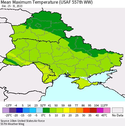 Ukraine, Moldova and Belarus Mean Maximum Temperature (USAF 557th WW) Thematic Map For 12/25/2023 - 12/31/2023