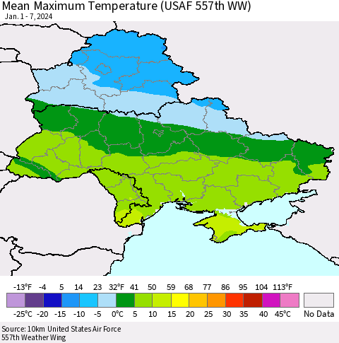 Ukraine, Moldova and Belarus Mean Maximum Temperature (USAF 557th WW) Thematic Map For 1/1/2024 - 1/7/2024