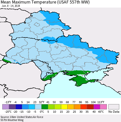 Ukraine, Moldova and Belarus Mean Maximum Temperature (USAF 557th WW) Thematic Map For 1/8/2024 - 1/14/2024