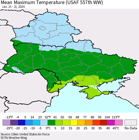 Ukraine, Moldova and Belarus Mean Maximum Temperature (USAF 557th WW) Thematic Map For 1/15/2024 - 1/21/2024