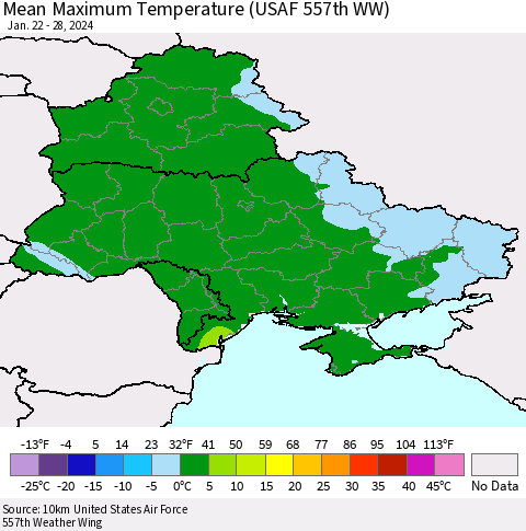 Ukraine, Moldova and Belarus Mean Maximum Temperature (USAF 557th WW) Thematic Map For 1/22/2024 - 1/28/2024