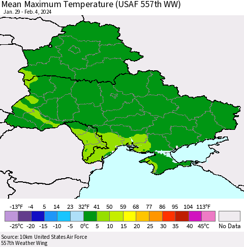 Ukraine, Moldova and Belarus Mean Maximum Temperature (USAF 557th WW) Thematic Map For 1/29/2024 - 2/4/2024