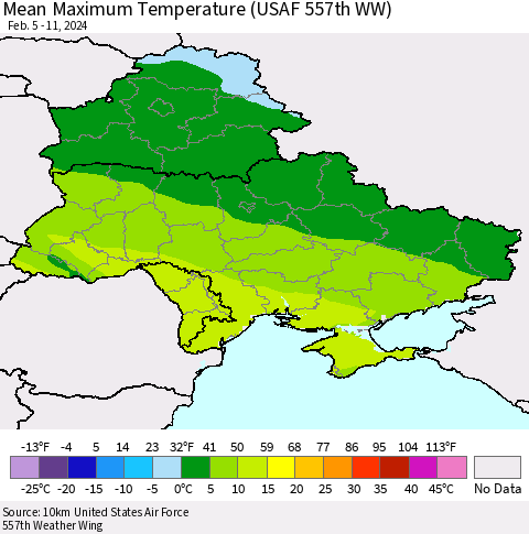 Ukraine, Moldova and Belarus Mean Maximum Temperature (USAF 557th WW) Thematic Map For 2/5/2024 - 2/11/2024