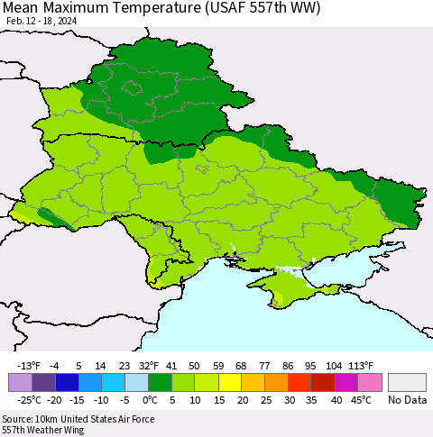 Ukraine, Moldova and Belarus Mean Maximum Temperature (USAF 557th WW) Thematic Map For 2/12/2024 - 2/18/2024