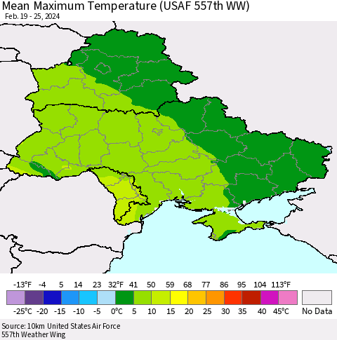 Ukraine, Moldova and Belarus Mean Maximum Temperature (USAF 557th WW) Thematic Map For 2/19/2024 - 2/25/2024