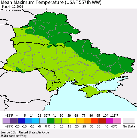 Ukraine, Moldova and Belarus Mean Maximum Temperature (USAF 557th WW) Thematic Map For 3/4/2024 - 3/10/2024
