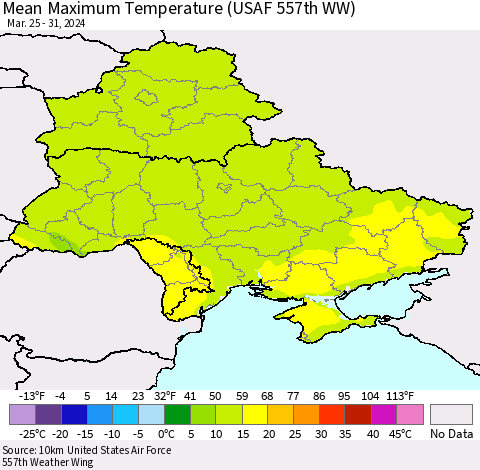 Ukraine, Moldova and Belarus Mean Maximum Temperature (USAF 557th WW) Thematic Map For 3/25/2024 - 3/31/2024