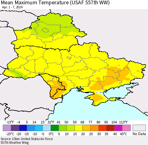 Ukraine, Moldova and Belarus Mean Maximum Temperature (USAF 557th WW) Thematic Map For 4/1/2024 - 4/7/2024