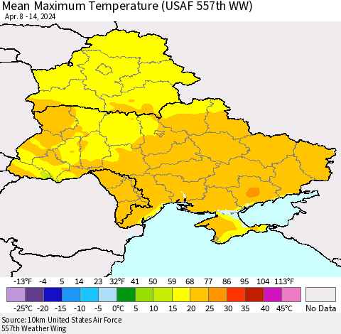 Ukraine, Moldova and Belarus Mean Maximum Temperature (USAF 557th WW) Thematic Map For 4/8/2024 - 4/14/2024