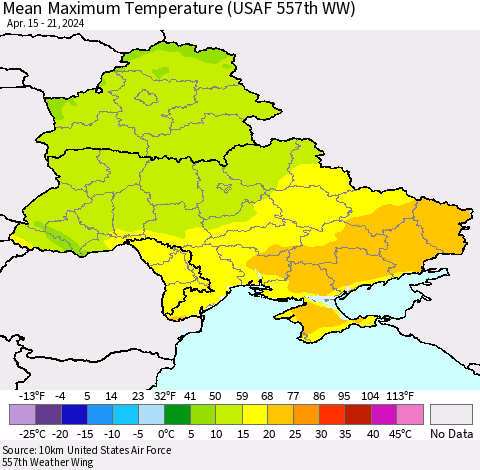 Ukraine, Moldova and Belarus Mean Maximum Temperature (USAF 557th WW) Thematic Map For 4/15/2024 - 4/21/2024