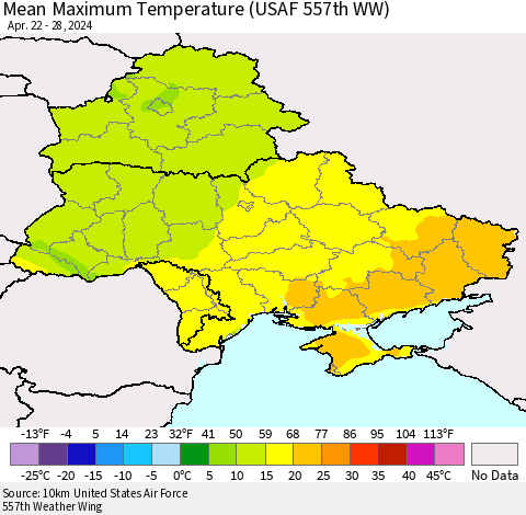 Ukraine, Moldova and Belarus Mean Maximum Temperature (USAF 557th WW) Thematic Map For 4/22/2024 - 4/28/2024