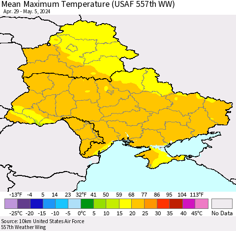 Ukraine, Moldova and Belarus Mean Maximum Temperature (USAF 557th WW) Thematic Map For 4/29/2024 - 5/5/2024