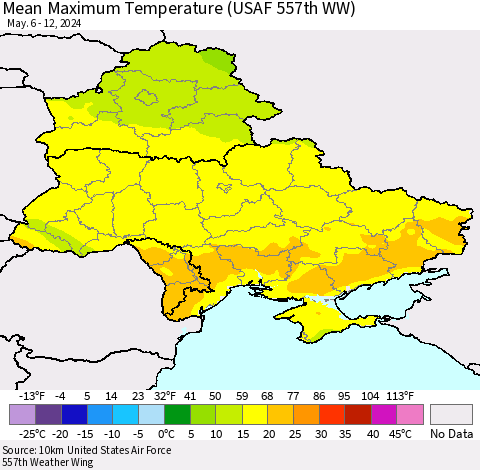 Ukraine, Moldova and Belarus Mean Maximum Temperature (USAF 557th WW) Thematic Map For 5/6/2024 - 5/12/2024