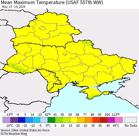 Ukraine, Moldova and Belarus Mean Maximum Temperature (USAF 557th WW) Thematic Map For 5/13/2024 - 5/19/2024