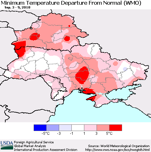 Ukraine, Moldova and Belarus Minimum Temperature Departure From Normal (WMO) Thematic Map For 9/3/2018 - 9/9/2018