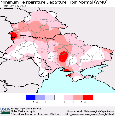 Ukraine, Moldova and Belarus Minimum Temperature Departure From Normal (WMO) Thematic Map For 9/10/2018 - 9/16/2018