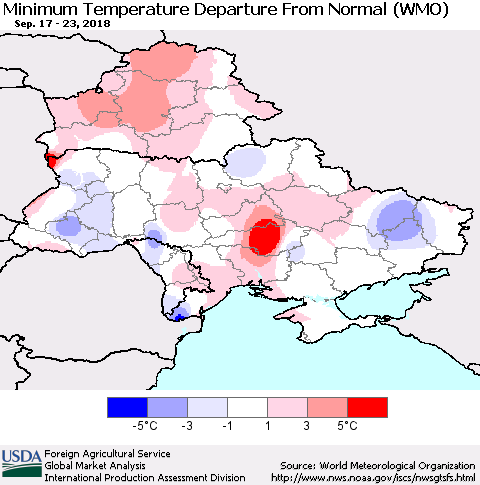 Ukraine, Moldova and Belarus Mean Minimum Temperature Departure from Normal (WMO) Thematic Map For 9/17/2018 - 9/23/2018