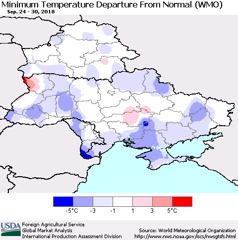 Ukraine, Moldova and Belarus Minimum Temperature Departure From Normal (WMO) Thematic Map For 9/24/2018 - 9/30/2018