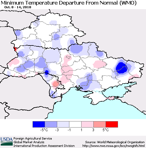 Ukraine, Moldova and Belarus Minimum Temperature Departure From Normal (WMO) Thematic Map For 10/8/2018 - 10/14/2018