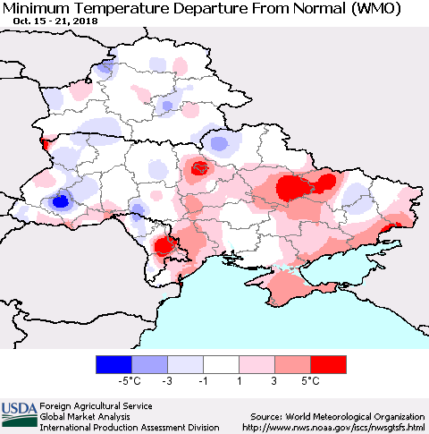 Ukraine, Moldova and Belarus Mean Minimum Temperature Departure from Normal (WMO) Thematic Map For 10/15/2018 - 10/21/2018
